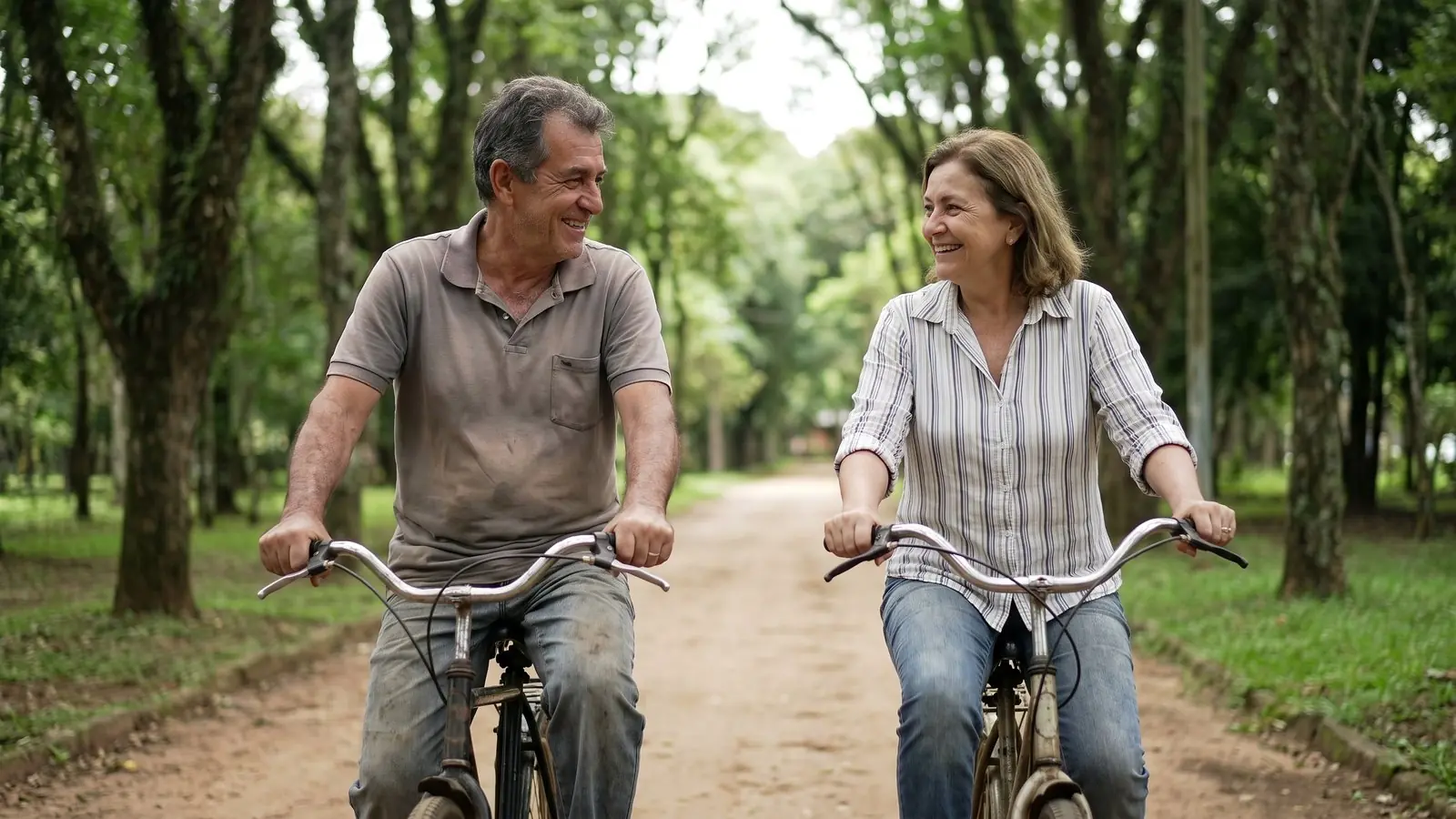 Casal de sessenta e poucos anos pedala lado a lado por um caminho de terra entre árvores, sorrindo