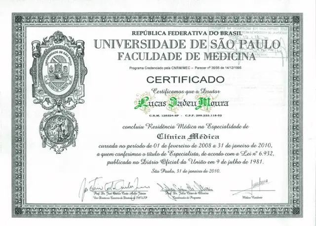 Certificado da Faculdade de Medicina da USP de conclusão da residência médica em Clínica Médica, de 1º de fevereiro de 2008 a 31 de janeiro de 2010